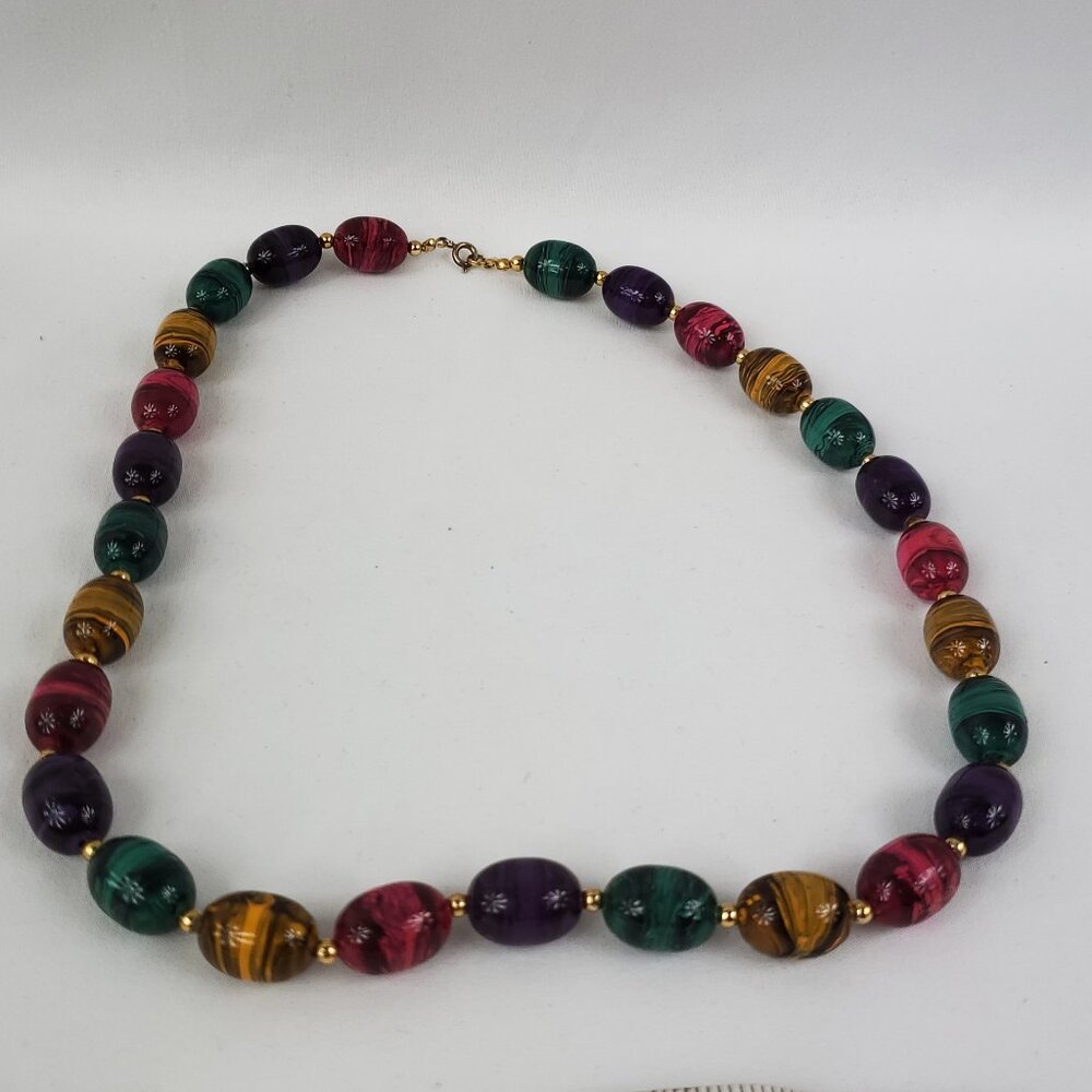 Multicolor Painted Oval Beads W/ Gold Tone Tiny Spacer Beads Necklace